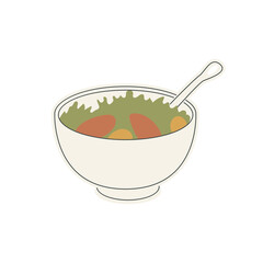 Salad in bowl in flat design. Green lettuce, tomatoes and other vegetable. Vector illustration isolated.