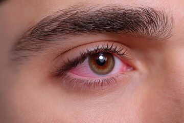 Fototapeta premium The concept of eye disease is depicted through a macro shot of a man with a red eye, suffering from conjunctivitis infection and allergic conjunctivitis hyperemia