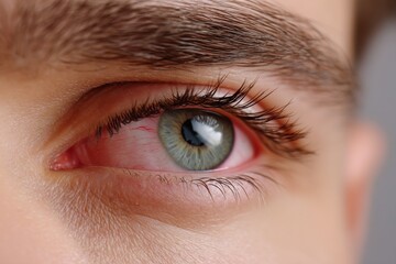 Obraz premium A man's red eye is shown in a macro shot, illustrating a case of conjunctivitis infection and the concept of eye disease, specifically allergic conjunctivitis hyperemia