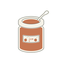 Cherry jam in jar in flat design. Sweet jelly dessert with red berries. Vector illustration isolated.