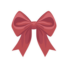 Holiday red bow in flat design. Silk fabric decoration knot for party gift. Vector illustration isolated.