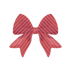 Holiday red bow in flat design. Elegance decoration knot with striped print. Vector illustration isolated.