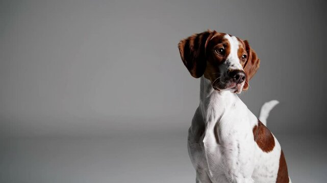 Energetic dog playfully moves in studio with joyful expression