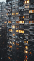 Obraz premium High-rise residential apartment building with warm glowing windows at dusk, showcasing urban living in a moody winter cityscape.