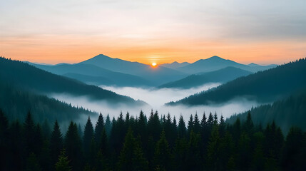 Obraz premium Sunrise Over Foggy Mountain Valley