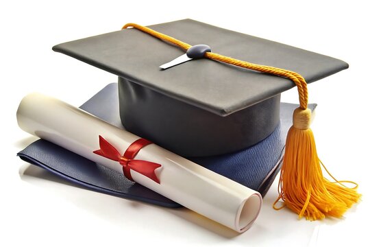 Graduation cap diploma and blue folder on a  Photos, Standard Content, isolated Assets, isolated,  Horizontal,