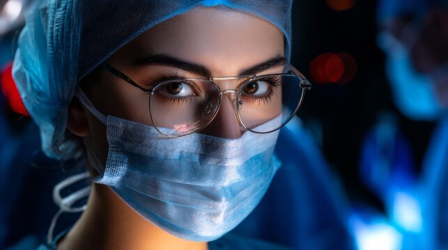 A surgeon is meticulously carrying out a precise cataract surgery operation beneath the intense glow of operating room lights