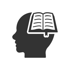 Head profile with open book inside. Symbolizing knowledge, learning, and intellectual growth.