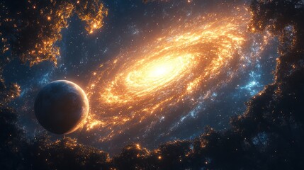 A bright galaxy with swirling clouds and a planet in a dark space.