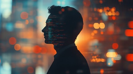 Silhouette of a Man Digital Code Overlay Modern Business Technology Concept Futuristic Profile Portrait Professional Digital Art Abstract Background  