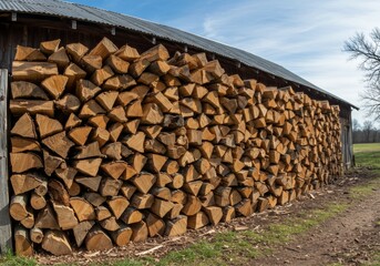 Large Stack of Firewood Against Rustic Barn