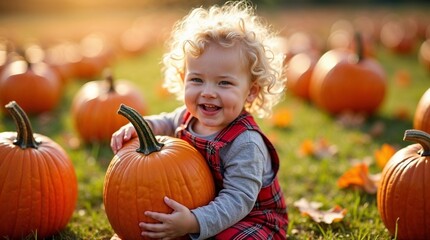 Fototapeta premium A happy toddler with curly blonde hair is sitting in a pumpkin patch, holding a large orange pumpkin and smiling