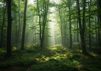 Sunlit Forest Path with Fog and Lush Greenery