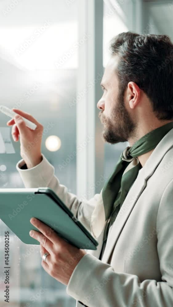 Poster glass wall, tablet and writing with business man in office for brainstorming or strategy. planning, 