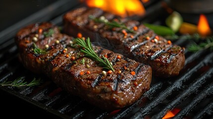 Two grilled steaks on a grill with flames and herbs.