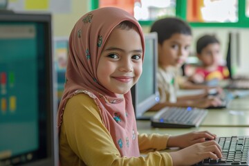 A young girl in a hijab smiles while learning computer skills in a classroom setting.