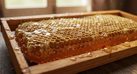 Honeycomb in a wooden frame with dripping honey close up view.