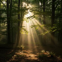 Fototapeta premium Sunbeams Through Misty Forest at Dawn