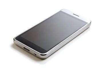 A silver smartphone with a blank screen resting on a white surface in a diagonal view shot. Photos, Standard Content, isolated Assets, isolated,  Horizontal,