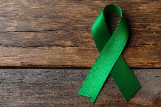 A symbolic green ribbon bow, isolated on aged wood with a clipping path, is used to raise awareness for various health issues including Kidney, Gallbladder, Bile Duct Cancer, Glaucoma, Leukemia, - Powered by Adobe