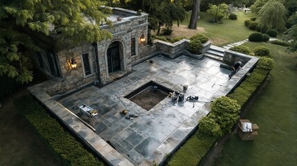 Top View of Unfinished Stone Patio with Garden Lawn and Tools &ndash; High-End Exterior Home Improvement in Summer