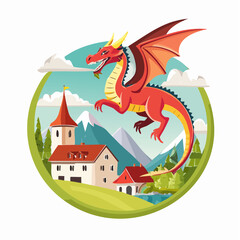 A dragon flying over a medieval village.
