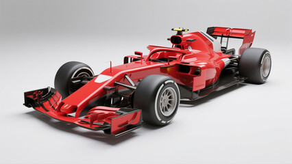 clean red f1 car on white backdrop.