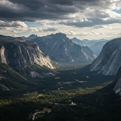 Fototapeta premium Dramatic Mountain Valley Landscape Under Cloudy Sky