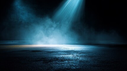 Empty dark asphalt surface with blue smoke and dramatic foggy lighting effect.