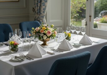 Elegant Formal Dining Table Setting with Pastel Flowers