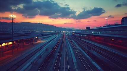 Obraz premium Sunset train tracks at a station with city in background
