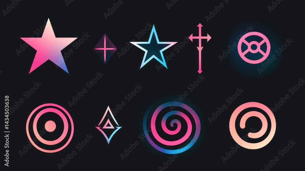 Poster gradient symbols; star, cross, circle, design elements; dark background; game ui