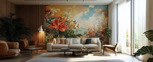 A sunlit living area with a floral mural.