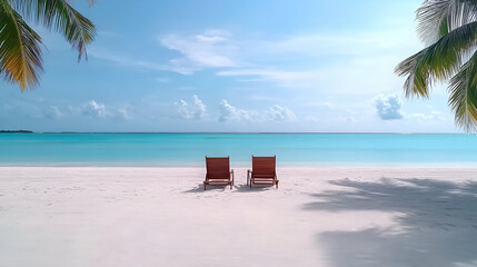 Two Wooden Chairs on a Sunny Tropical Beach