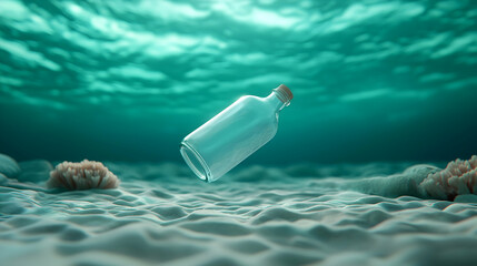 Underwater Scene with Glass Bottle and Coral Reef