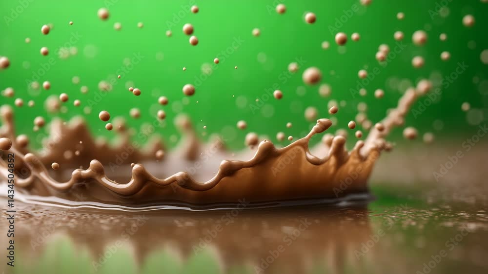 Poster dynamic chocolate liquid splash with droplets suspended mid-air against vibrant green backdrop creat