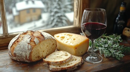 Wine bread and cheese sit by a window with a snowy outdoor view.