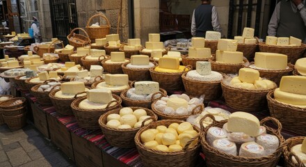 Many baskets filled with cheese displayed on a market stall or table.