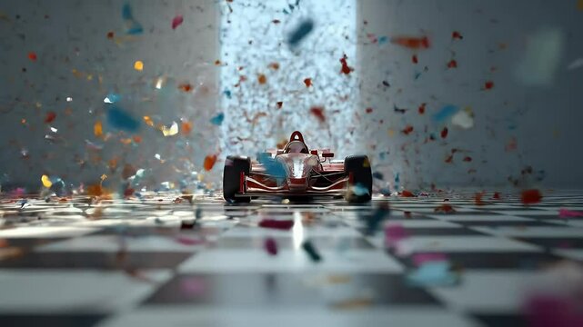 Formula one car crosses finish line in confetti