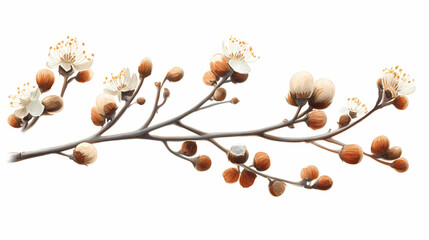 Branches of gum with flowers and nuts. isolated on white background. Ether Bud. Illustration