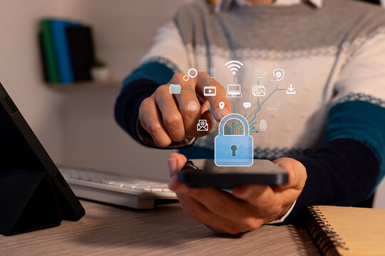 Executive interacting with cybersecurity hologram: futuristic technology and data protection