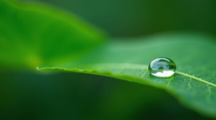 Photorealistic macro shot of a single clear water droplet resting on a vibrant green leaf, refracting the blurred background.
