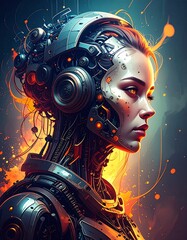 scary gothic looking robot profile, photoshop dispersion effect portrait, technology advancement concept	

