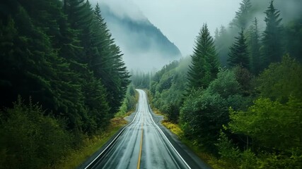 The camera flies over a deserted asphalt road in a dense forest