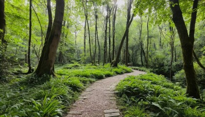 A green footpath meanders through the trees in the summer woods, a natural path for a peaceful walk amidst the foliage