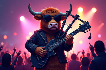 Rockstar Highland Cow: Electric Bagpipes & Funky Festival Vibes
