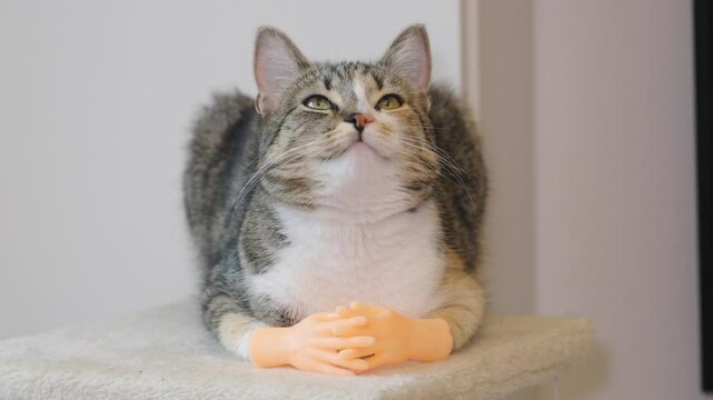 Funny cat shows off tiny hands while lounging at home, creating a hilarious sight that will brighten anyones day with adorable charm