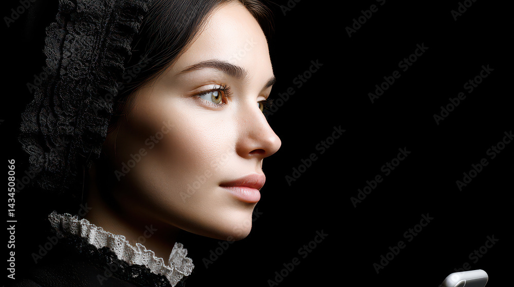 Poster victorian-era portrait with a subject illuminated by a smartphone screen creating a contrast with tr
