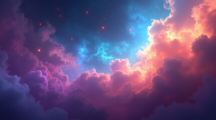 Fototapeta premium A vibrant dynamic space scene with swirling colorful clouds and stars alongside different particles resembling a nebula with glowing scenic colors, illustration 