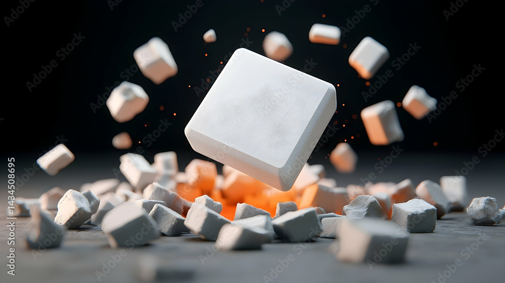 Aufkleber White Cube Exploding into Fragments on Dark Background